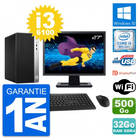 PC Tour HP 400 G4 MT Ecran 27" i3-6100 RAM 32Go Disque Dur 500Go Windows 10 Wifi
