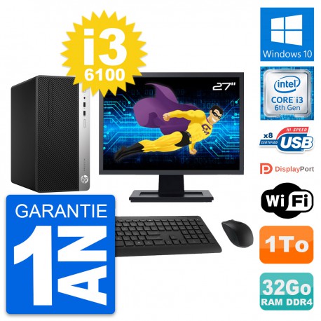 PC Tour HP 400 G4 MT Ecran 27" Intel i3-6100 RAM 32Go Disque 1To Windows 10 Wifi