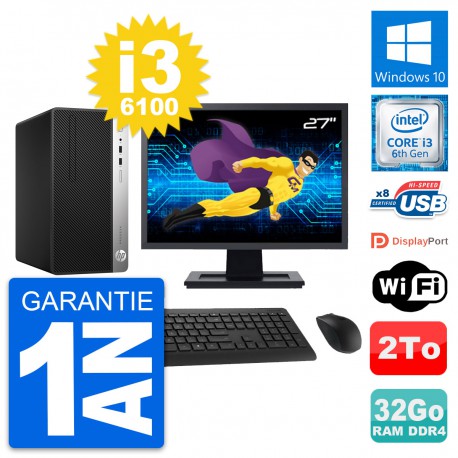PC Tour HP 400 G4 MT Ecran 27" Intel i3-6100 RAM 32Go Disque 2To Windows 10 Wifi