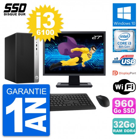 PC Tour HP 400 G4 MT Ecran 27" Intel i3-6100 RAM 32Go SSD 960Go Windows 10 Wifi
