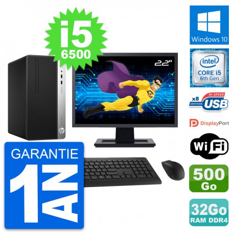 PC Tour HP 400 G4 MT Ecran 22" i5-6500 RAM 32Go Disque Dur 500Go Windows 10 Wifi