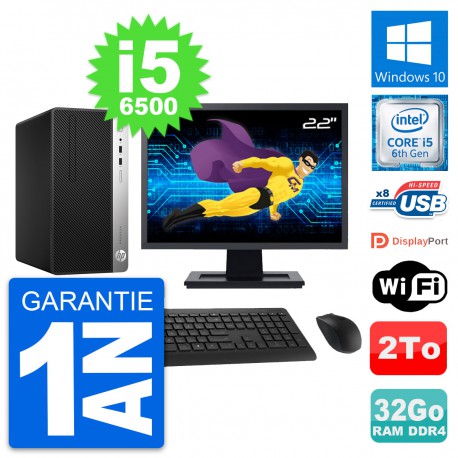 PC Tour HP 400 G4 MT Ecran 22" Intel i5-6500 RAM 32Go Disque 2To Windows 10 Wifi