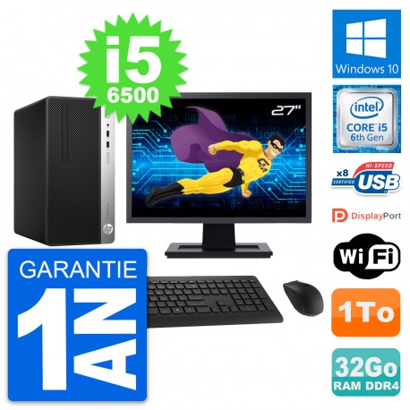 PC Tour HP 400 G4 MT Ecran 27" Intel i5-6500 RAM 32Go Disque 1To Windows 10 Wifi