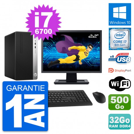 PC Tour HP 400 G4 MT Ecran 22" i7-6700 RAM 32Go Disque Dur 500Go Windows 10 Wifi