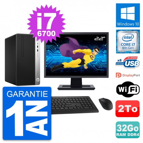 PC Tour HP 400 G4 MT Ecran 22" Intel i7-6700 RAM 32Go Disque 2To Windows 10 Wifi
