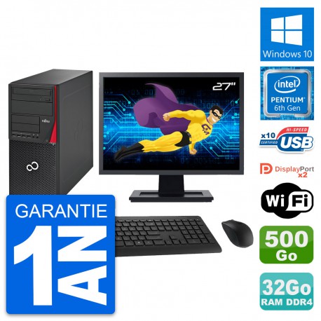 PC Tour Fujitsu P756 Ecran 27" Intel G4400 RAM 32Go Disque 500Go Windows 10 Wifi