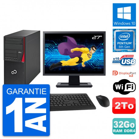PC Tour Fujitsu P756 Ecran 27" Pentium G4400 RAM 32Go Disque 2To Windows 10 Wifi