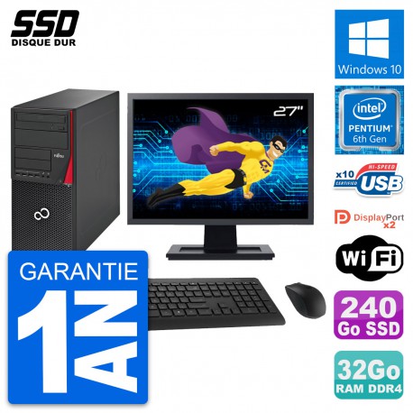PC Tour Fujitsu P756 Ecran 27" Pentium G4400 RAM 32Go SSD 240Go Windows 10 Wifi