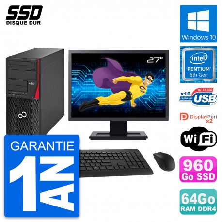 PC Tour Fujitsu P756 Ecran 27" Pentium G4400 RAM 64Go SSD 960Go Windows 10 Wifi