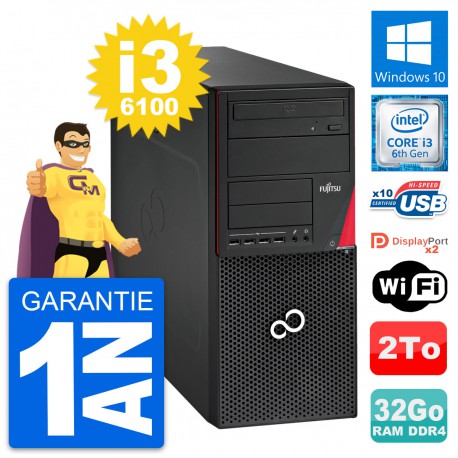 PC Tour Fujitsu Esprimo P756 MT Core i3-6100 RAM 32Go Disque 2To Windows 10 Wifi
