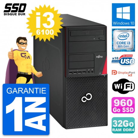 PC Tour Fujitsu Esprimo P756 MT Intel i3-6100 RAM 32Go SSD 960Go Windows 10 Wifi