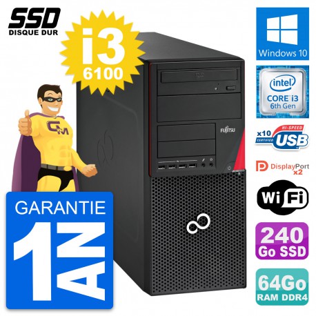 PC Tour Fujitsu Esprimo P756 MT Intel i3-6100 RAM 64Go SSD 240Go Windows 10 Wifi