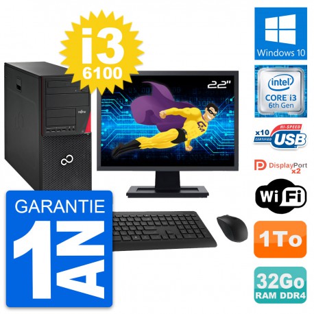 PC Tour Fujitsu P756 Ecran 22" Intel i3-6100 RAM 32Go Disque 1To Windows 10 Wifi