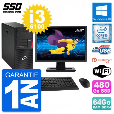 PC Tour Fujitsu P756 Ecran 22" Intel i3-6100 RAM 64Go SSD 480Go Windows 10 Wifi