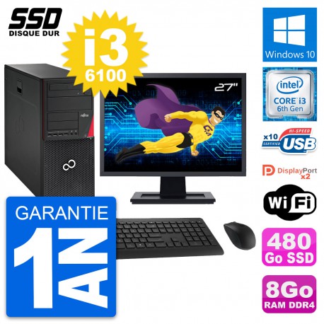 PC Tour Fujitsu P756 MT Ecran 27" Core i3-6100 RAM 8Go SSD 480Go Windows 10 Wifi