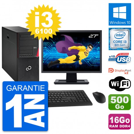 PC Tour Fujitsu P756 MT Ecran 27" i3-6100 RAM 16Go Disque 500Go Windows 10 Wifi