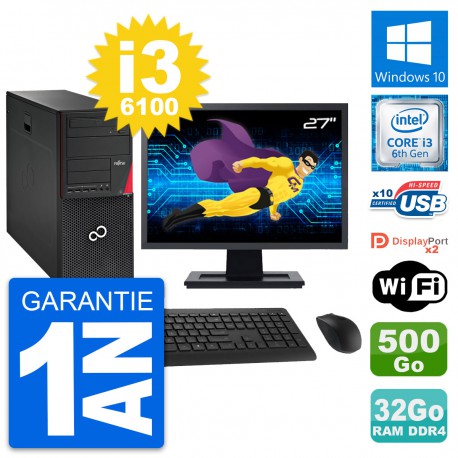 PC Tour Fujitsu P756 MT Ecran 27" i3-6100 RAM 32Go Disque 500Go Windows 10 Wifi