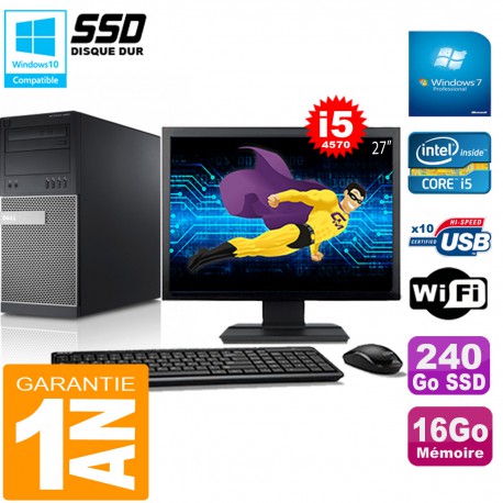 PC Tour DELL 9020 Core I5-4570 Ram 16Go Disque 240 Go SSD Wifi W7 Ecran 27"
