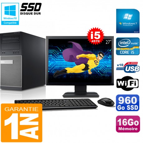 PC Tour DELL 9020 Core I5-4570 Ram 16Go Disque 960 Go SSD Wifi W7 Ecran 27"