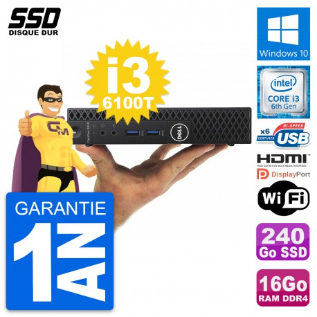 Mini PC Dell 3050 Micro Intel i3-6100T RAM 16Go SSD 240Go HDMI Windows 10 Wifi