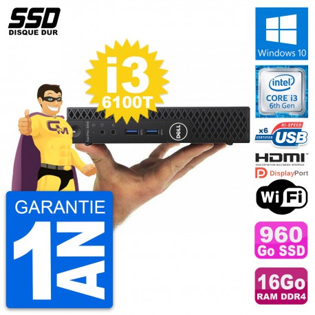 Mini PC Dell 3050 Micro Intel i3-6100T RAM 16Go SSD 960Go HDMI Windows 10 Wifi