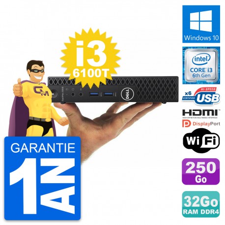 Mini PC Dell 3050 Micro Core i3-6100T RAM 32Go Disque 250Go HDMI Windows 10 Wifi
