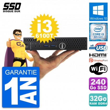 Mini PC Dell 3050 Micro Intel i3-6100T RAM 32Go SSD 240Go HDMI Windows 10 Wifi