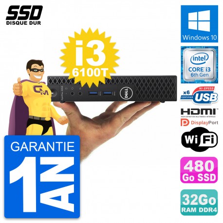 Mini PC Dell 3050 Micro Intel i3-6100T RAM 32Go SSD 480Go HDMI Windows 10 Wifi