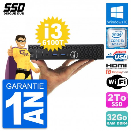 Mini PC Dell OptiPlex 3050 Micro i3-6100T RAM 32Go SSD 2To HDMI Windows 10 Wifi