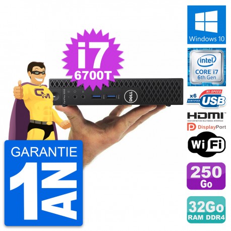 Mini PC Dell 3050 Micro Core i7-6700T RAM 32Go Disque 250Go HDMI Windows 10 Wifi