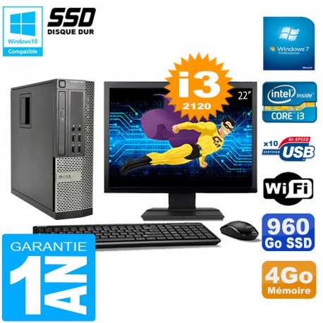 PC DELL 990 SFF Core I3-2120 Ram 4Go Disque 960Go SSD Graveur Wifi W7 Ecran 22"