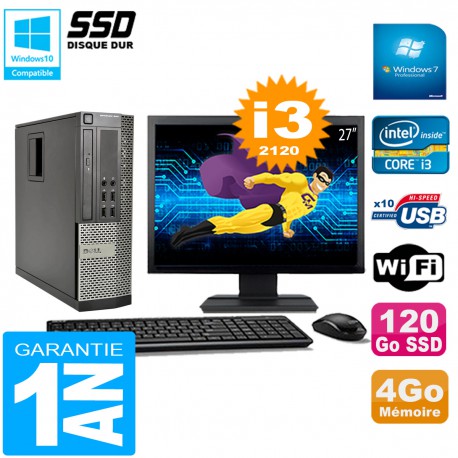 PC DELL 990 SFF Core I3-2120 Ram 4Go Disque 120Go SSD Graveur Wifi W7 Ecran 27"