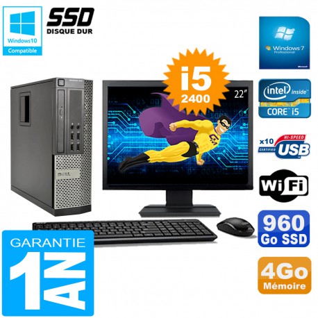 PC DELL 990 SFF Core I5-2400 Ram 4Go Disque 960Go SSD Graveur Wifi W7 Ecran 22"