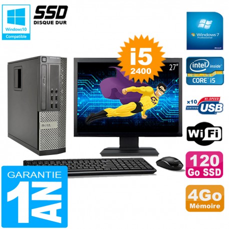 PC DELL 990 SFF Core I5-2400 Ram 4Go Disque 120Go SSD Graveur Wifi W7 Ecran 27"