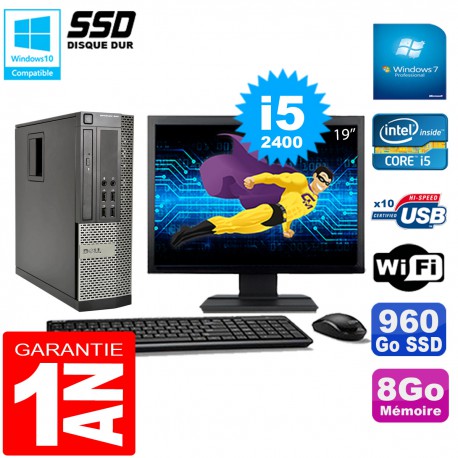 PC DELL 990 SFF Core I5-2400 Ram 8Go Disque 960Go SSD Graveur Wifi W7 Ecran 19"