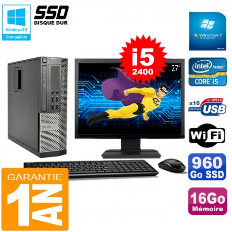 PC DELL 990 SFF Core I5-2400 Ram 16Go Disque 960Go SSD Graveur Wifi W7 Ecran 27"