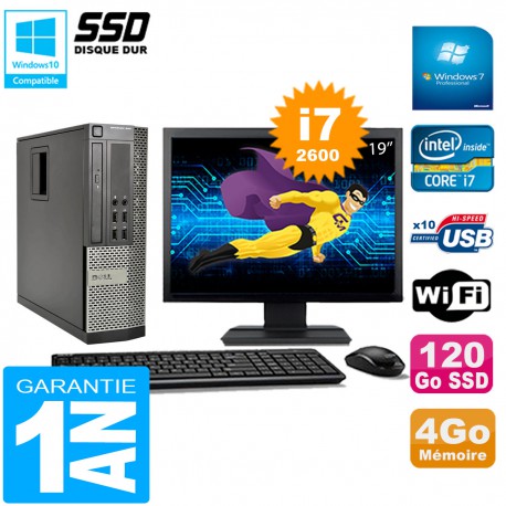 PC DELL 990 SFF Core I7-2600 Ram 4Go Disque 120Go SSD Graveur Wifi W7 Ecran 19"