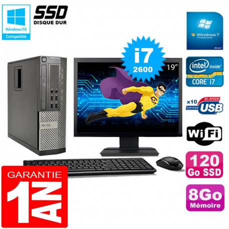 PC DELL 990 SFF Core I7-2600 Ram 8Go Disque 120Go SSD Graveur Wifi W7 Ecran 19"