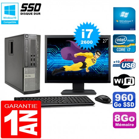PC DELL 990 SFF Core I7-2600 Ram 8Go Disque 960Go SSD Graveur Wifi W7 Ecran 27"