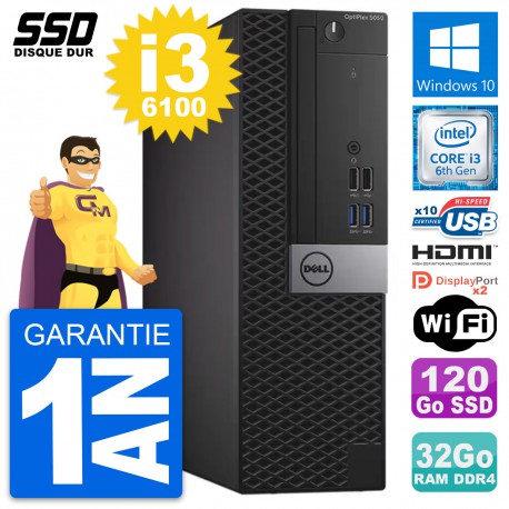 PC Dell OptiPlex 5050 SFF Intel i3-6100 RAM 32Go SSD 120Go HDMI Windows 10 Wifi