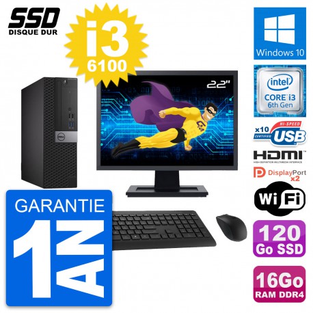 PC Dell 5050 SFF Ecran 22" Intel i3-6100 RAM 16Go SSD 120Go HDMI Windows 10 Wifi
