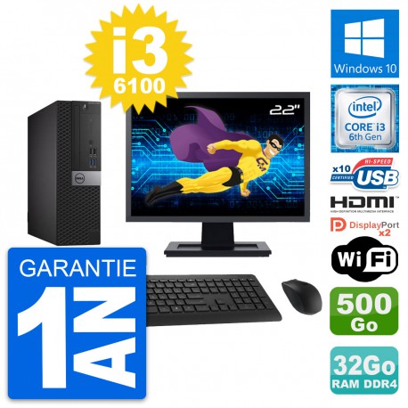 PC Dell 5050 SFF Ecran 22" i3-6100 RAM 32Go Disque 500Go HDMI Windows 10 Wifi