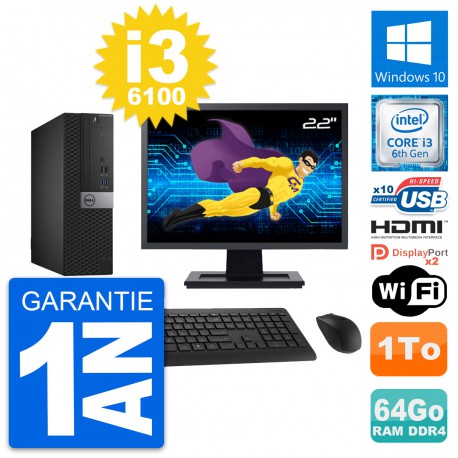 PC Dell 5050 SFF Ecran 22" Core i3-6100 RAM 64Go Disque 1To HDMI Windows 10 Wifi