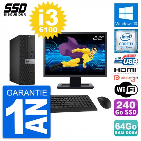 PC Dell 5050 SFF Ecran 22" Core i3-6100 RAM 64Go SSD 240Go HDMI Windows 10 Wifi
