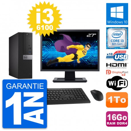 PC Dell 5050 SFF Ecran 27" Core i3-6100 RAM 16Go Disque 1To HDMI Windows 10 Wifi