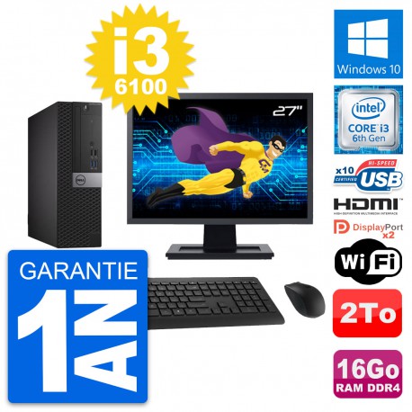 PC Dell 5050 SFF Ecran 27" Core i3-6100 RAM 16Go Disque 2To HDMI Windows 10 Wifi