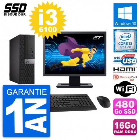 PC Dell 5050 SFF Ecran 27" Core i3-6100 RAM 16Go SSD 480Go HDMI Windows 10 Wifi