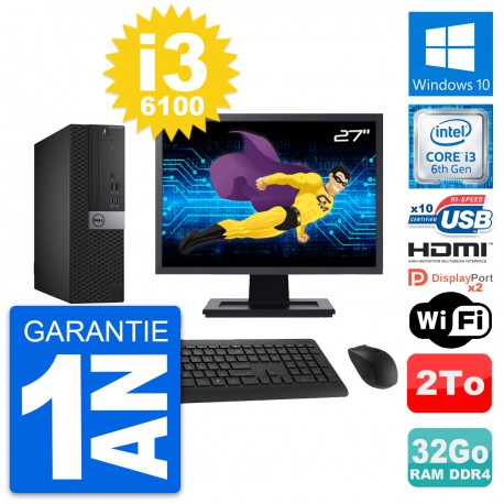 PC Dell 5050 SFF Ecran 27" Core i3-6100 RAM 32Go Disque 2To HDMI Windows 10 Wifi