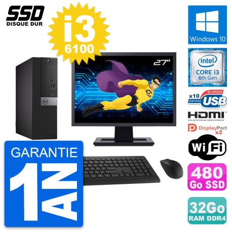 PC Dell 5050 SFF Ecran 27" Intel i3-6100 RAM 32Go SSD 480Go HDMI Windows 10 Wifi