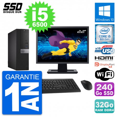 PC Dell 5050 SFF Ecran 22" Core i5-6500 RAM 32Go SSD 240Go HDMI Windows 10 Wifi
